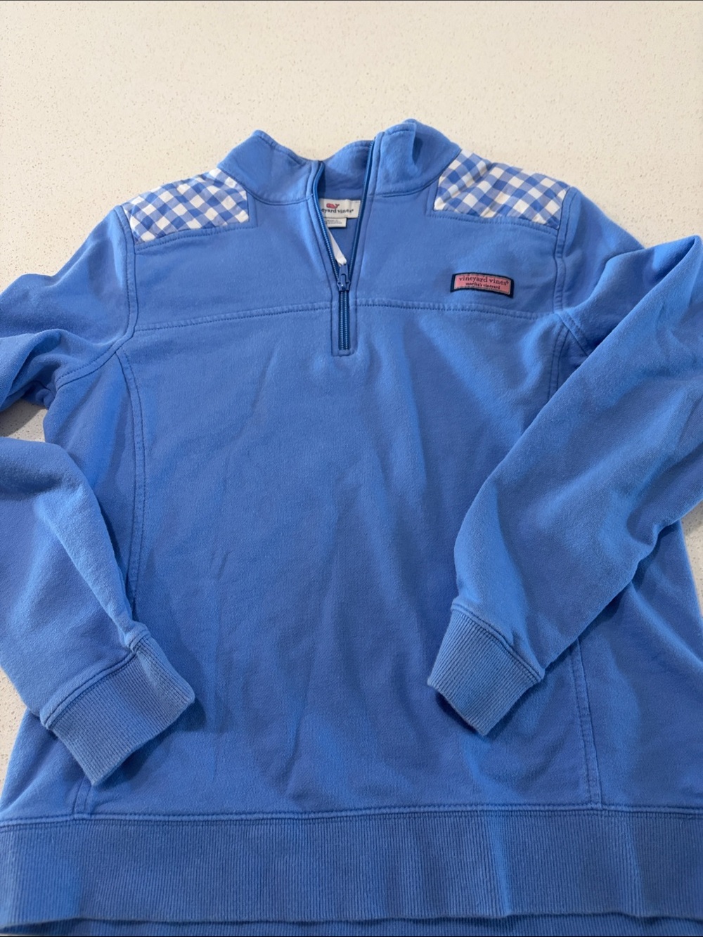 Vineyard Vines Women’s Light Blue Quarter-Zip Pullover with Check Shoulder